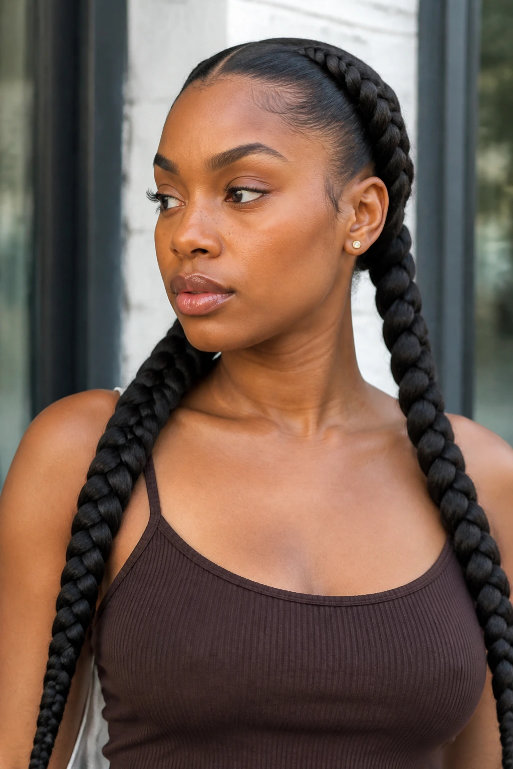 Portrait of jumbo feed-in pigtail braids on a real Black woman