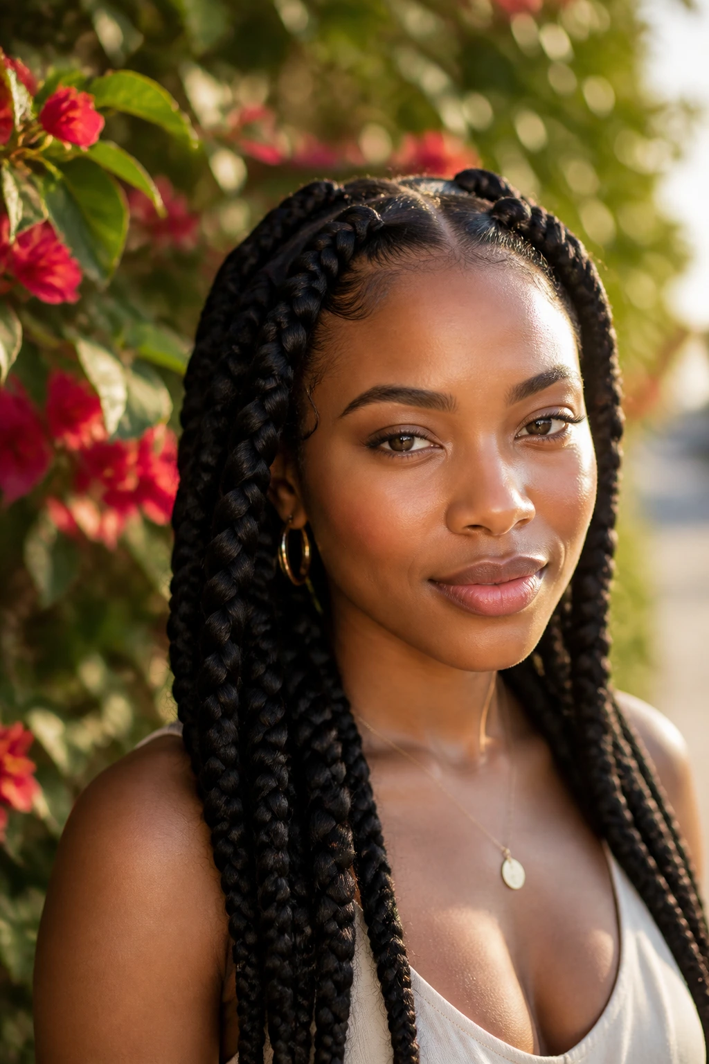 Close-up of Jumbo Braids on a woman with heart-shaped face in golden hour light