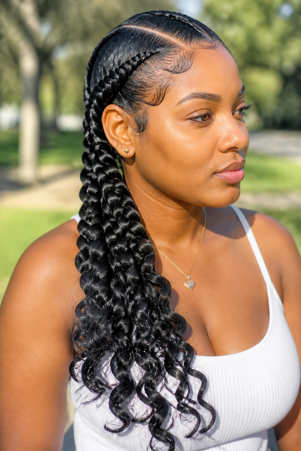 Close-up of a real woman with two jumbo braids and soft curls on one side.