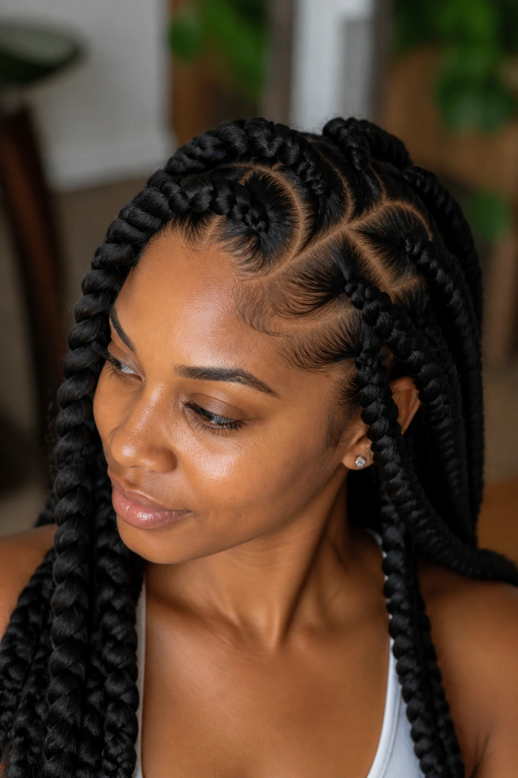 Close-up of a real woman with jumbo braids and soft curved parts