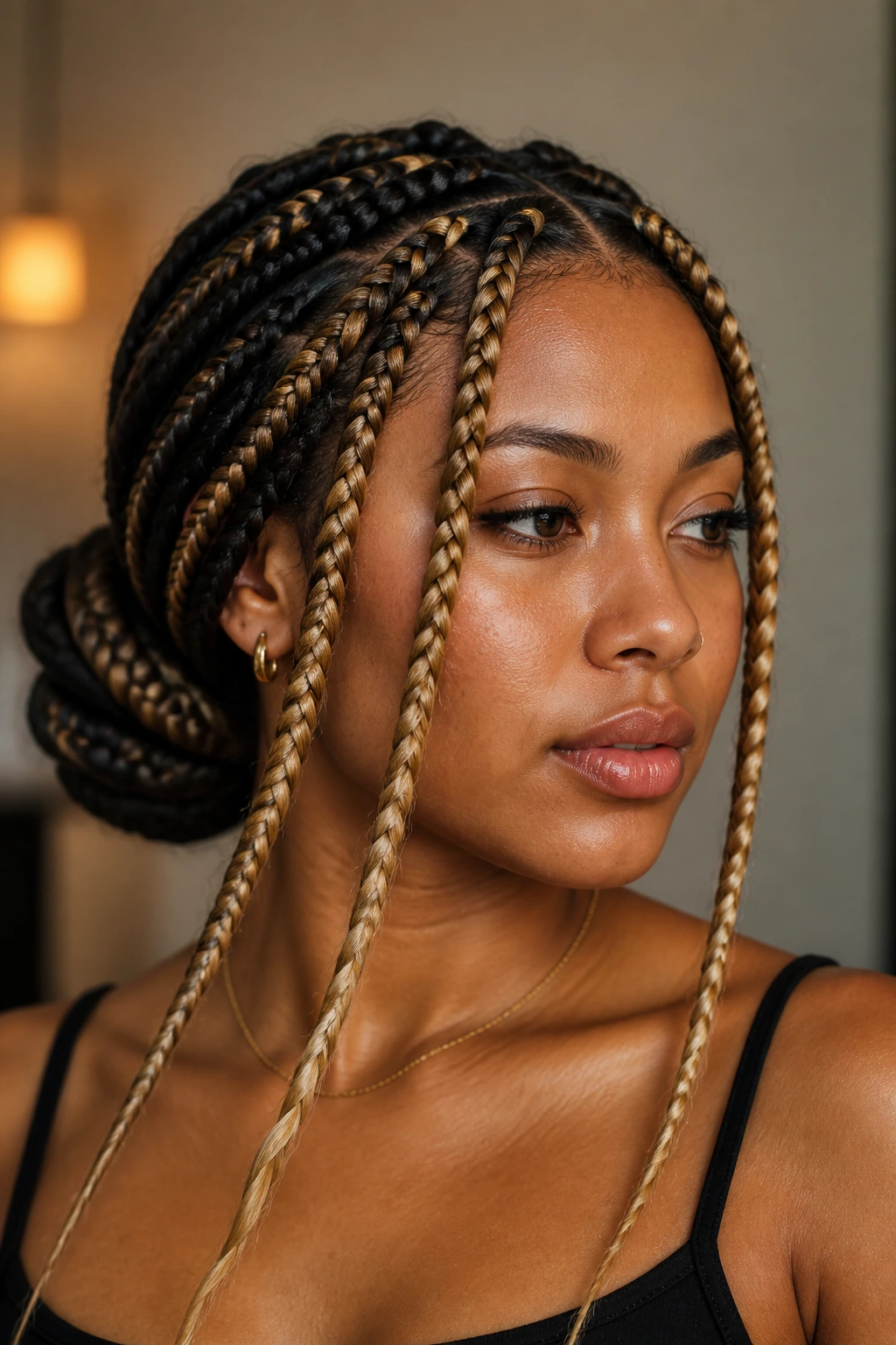 Portrait of a person with jumbo low bun and bold money-piece highlights