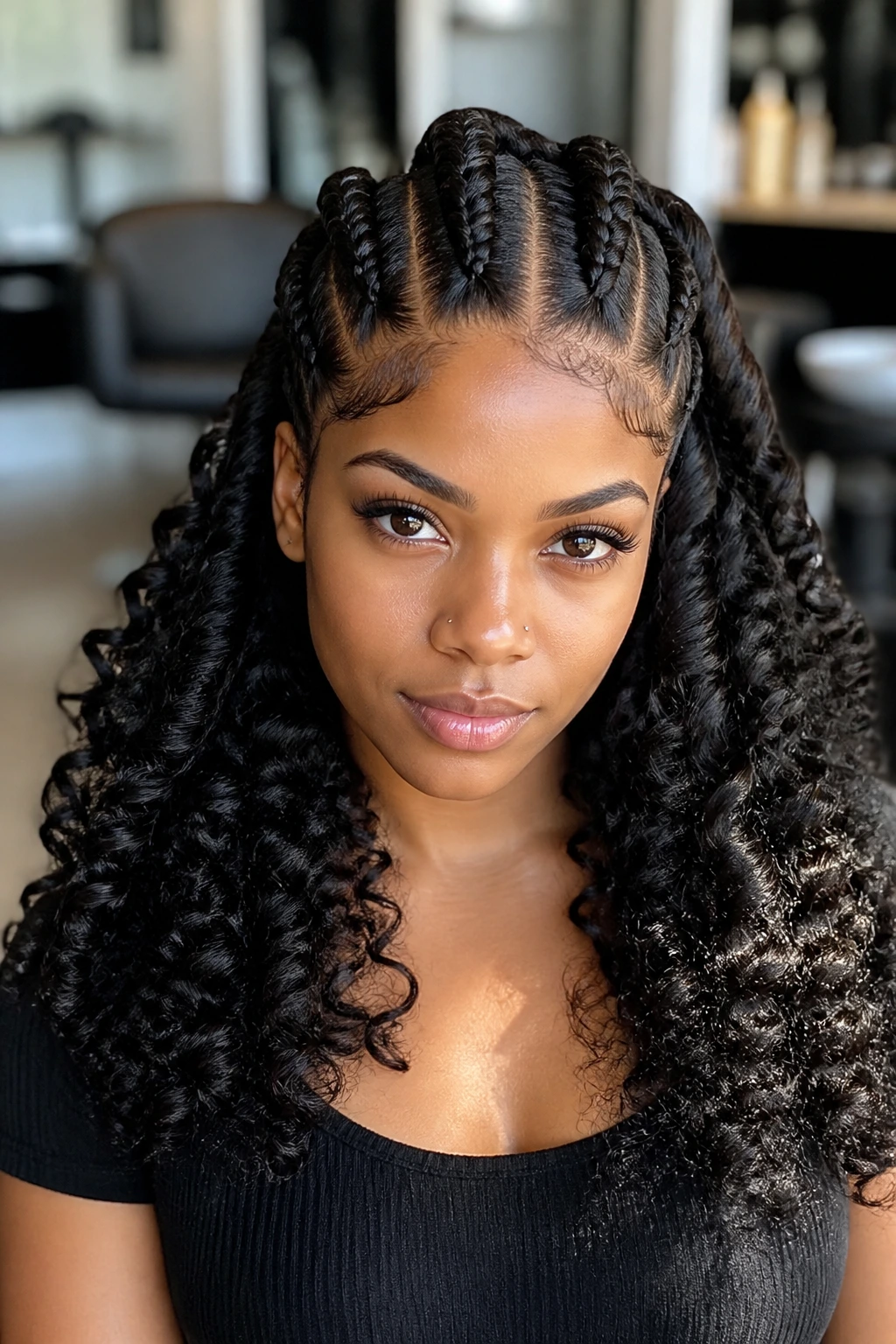 Close-up of jumbo cornrows with curly ends on a real woman