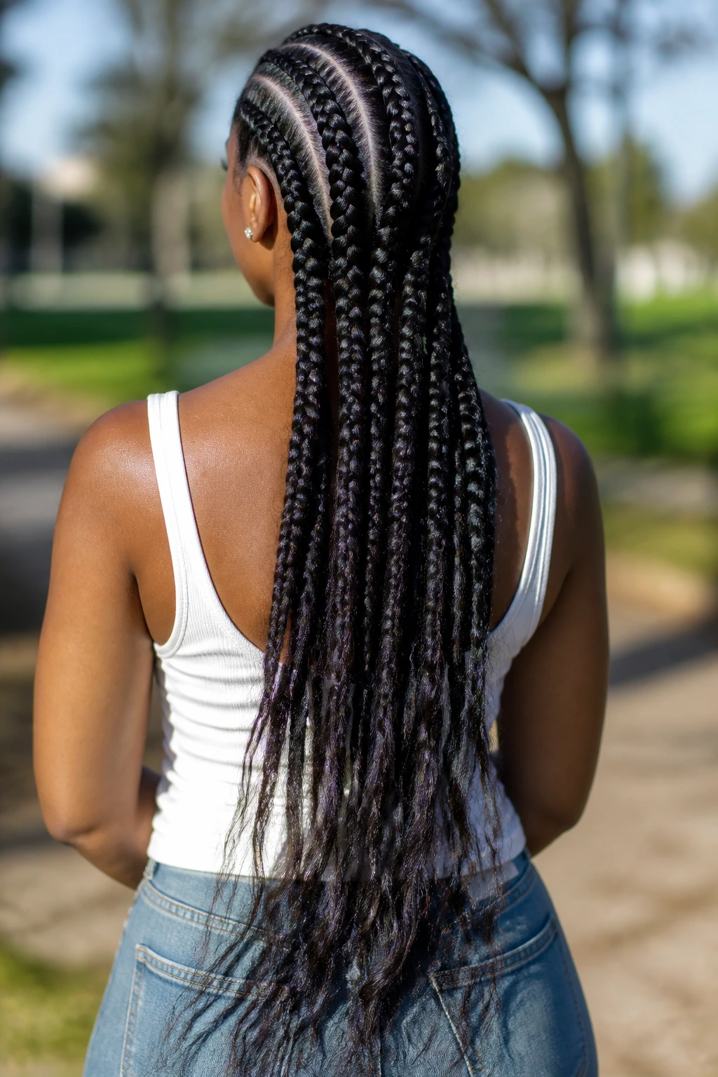 Real woman wearing jumbo straight-back cornrows across the scalp in a park