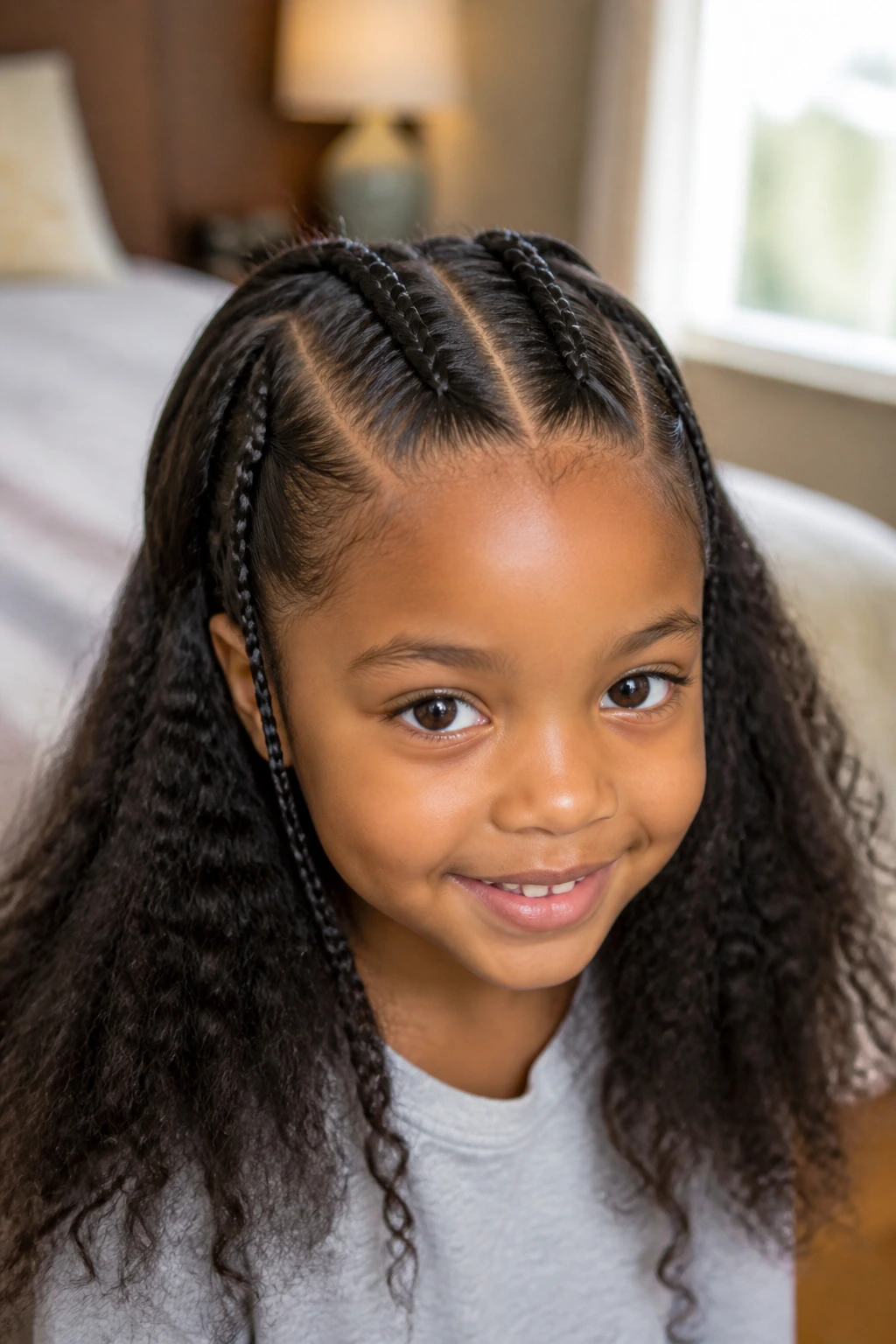 Close-up portrait of a real young girl with two jumbo front cornrows and tiny accent braids