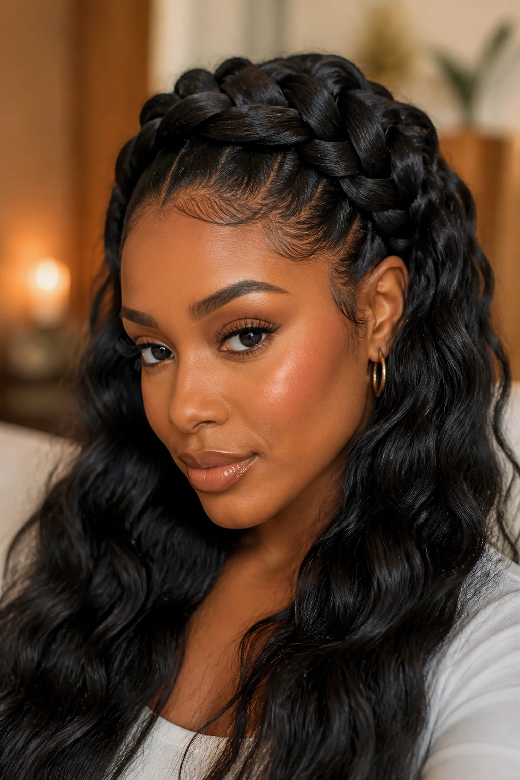 Portrait of a real woman sporting a jumbo crown panel braid on natural hair