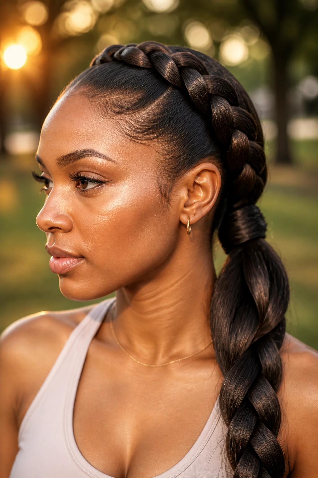Close-up of a real woman with a jumbo Dutch braid into a ponytail