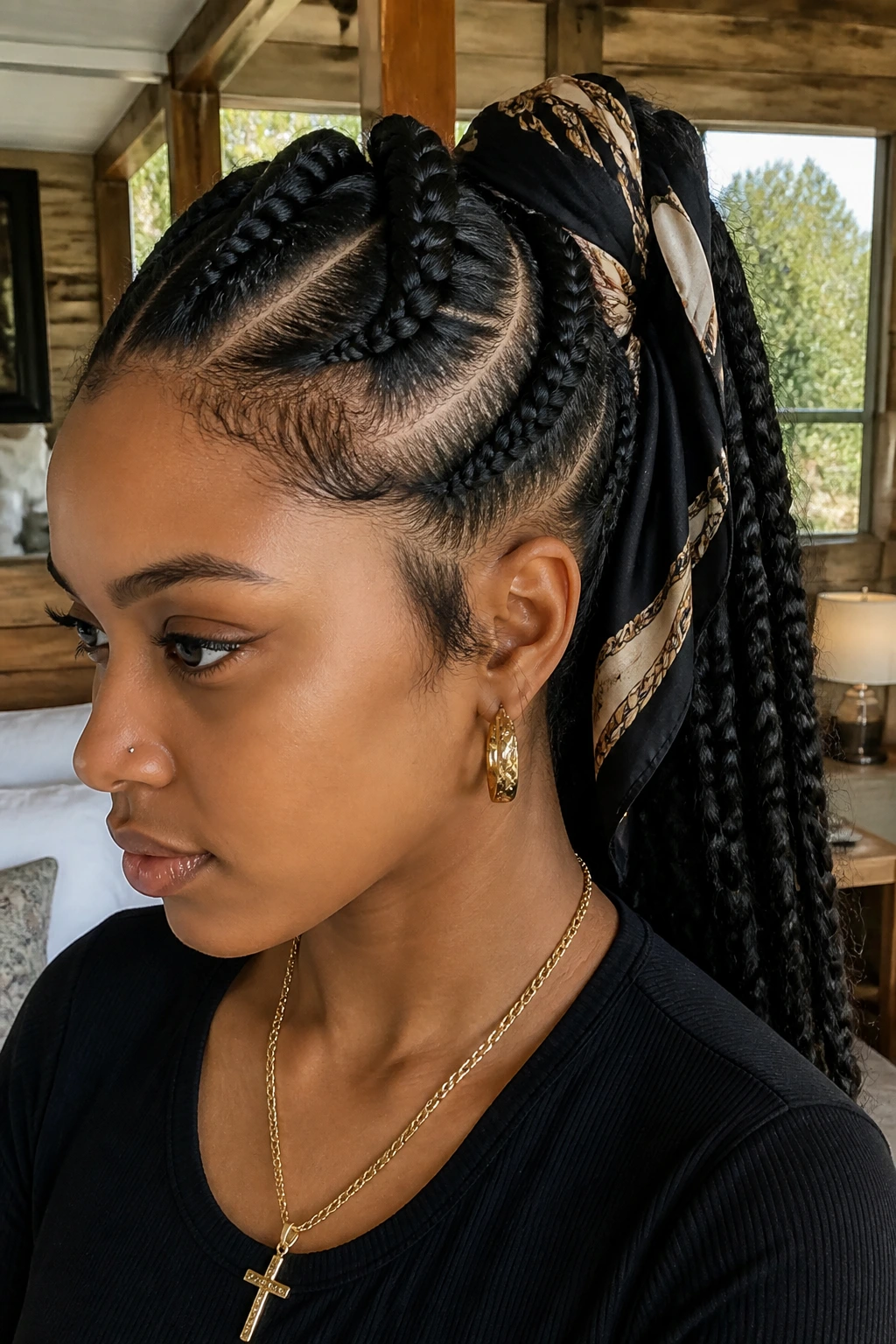 Jumbo Dutch braids with scarf-wrapped ponytail on a real person