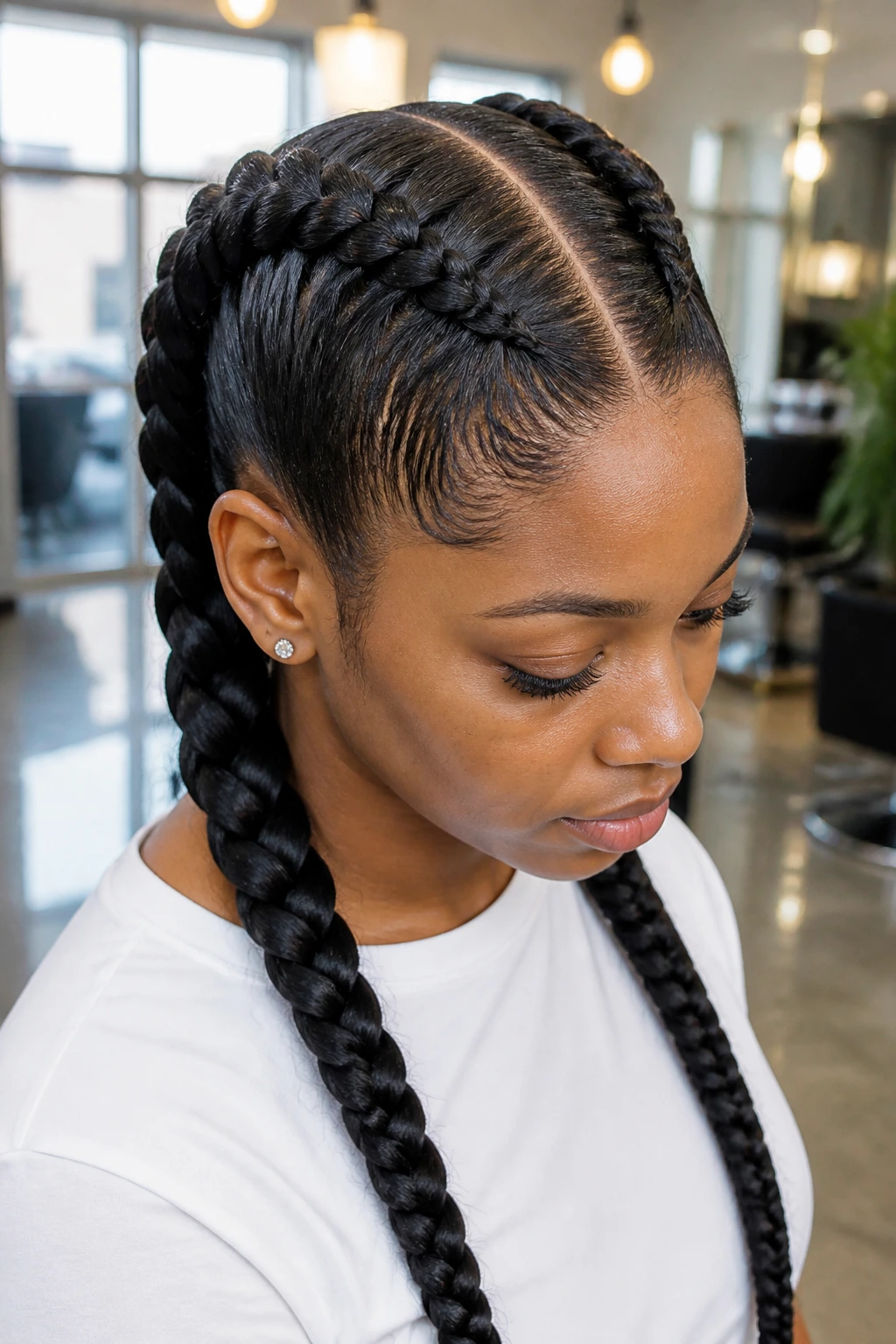 Close-up of a real person with jumbo Dutch braids on stretched hair in a salon