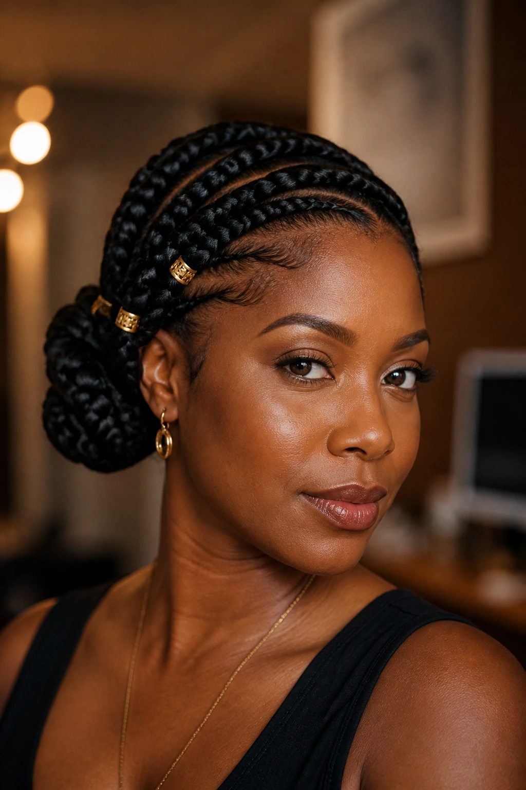 Real woman with jumbo feed-in braids and gold cuffs stepping into a side knot