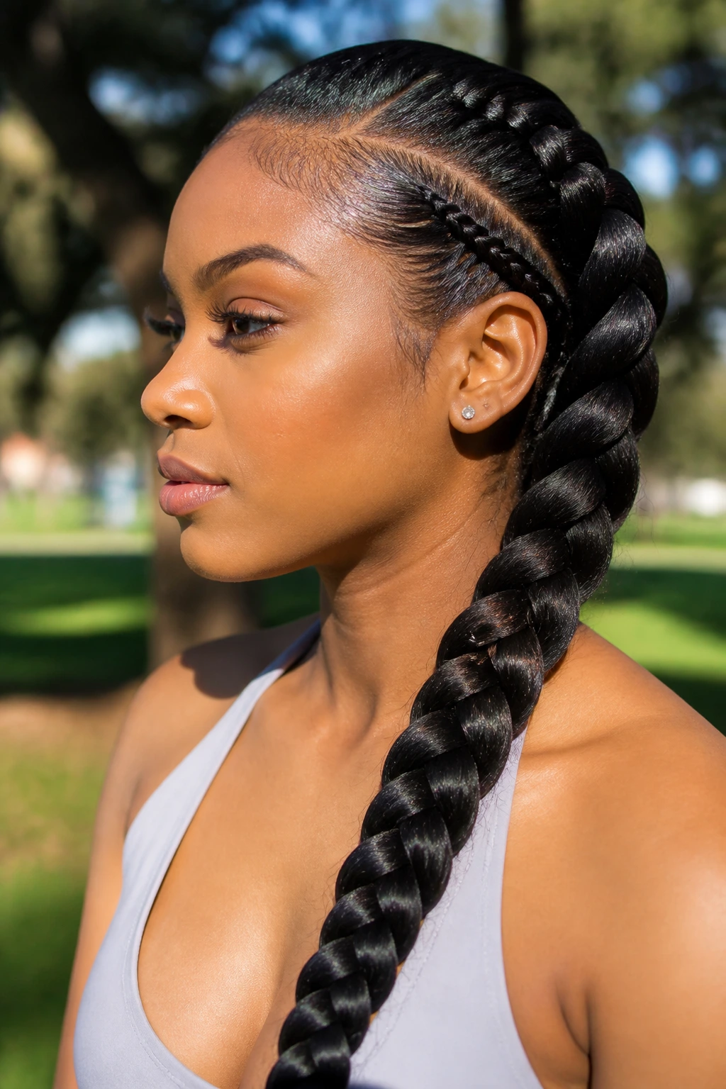 Woman with jumbo feed-in side braid over shoulder