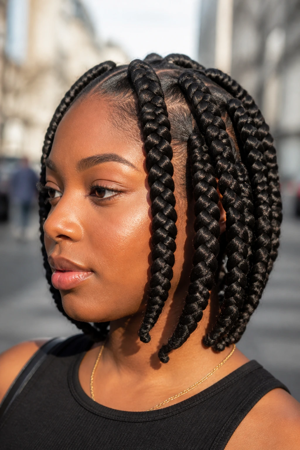 Close-up of real woman with jumbo knotless braids in bold, chunky sections outdoors