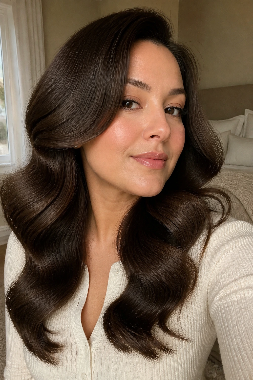 Close-up of a real woman with jumbo roller waves in a cozy setting
