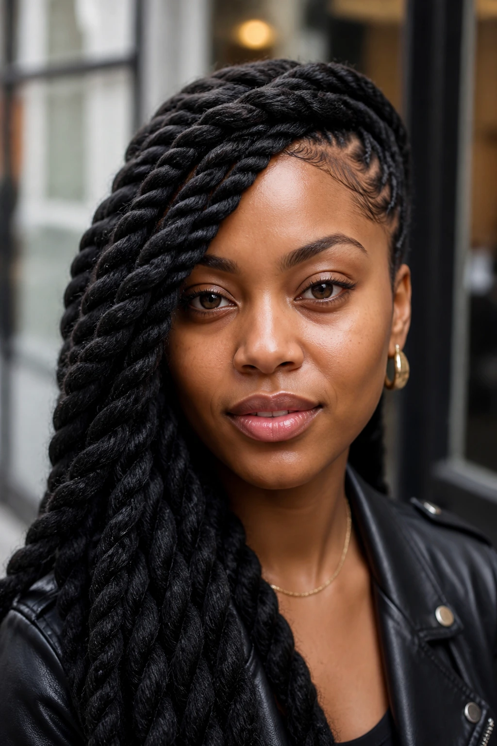 Real person with side-swept jumbo rope twists across the forehead