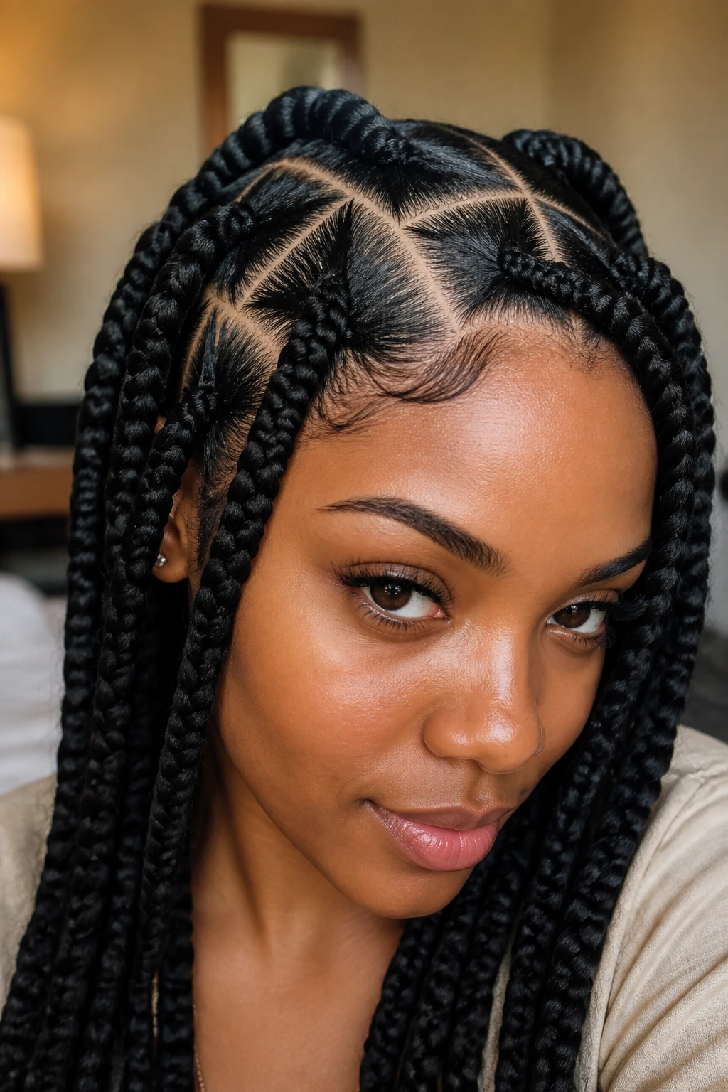 Close-up of a real person wearing jumbo triangle-part braids with bold triangular scalp pattern