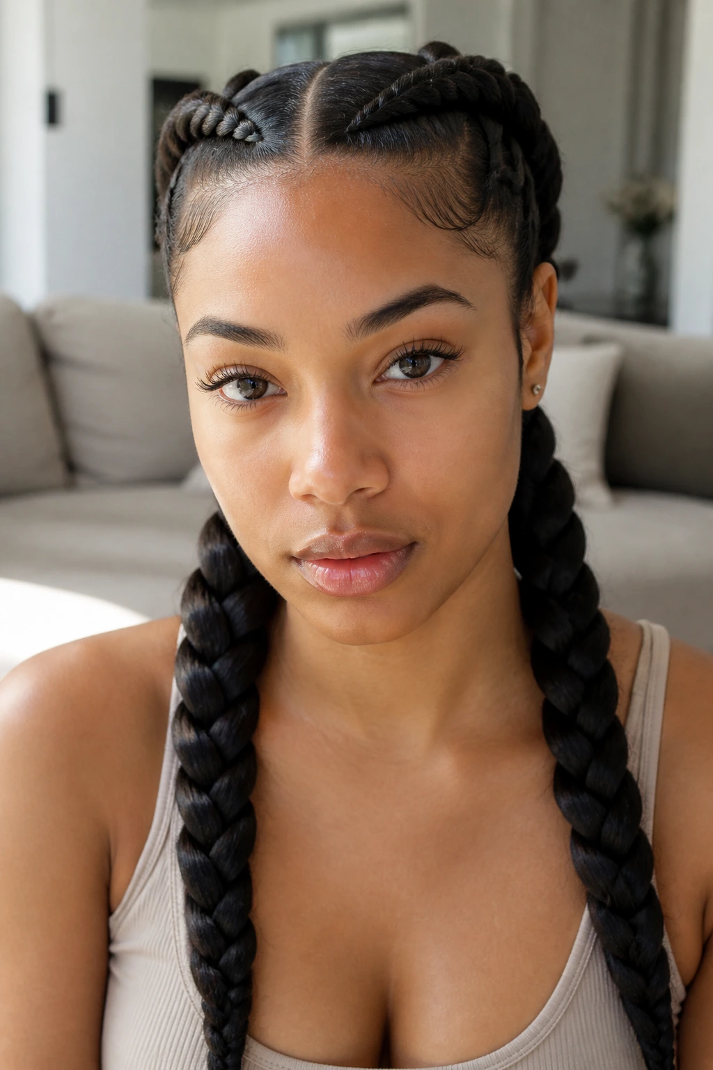 Real woman with jumbo twin French braids in indoor setting.