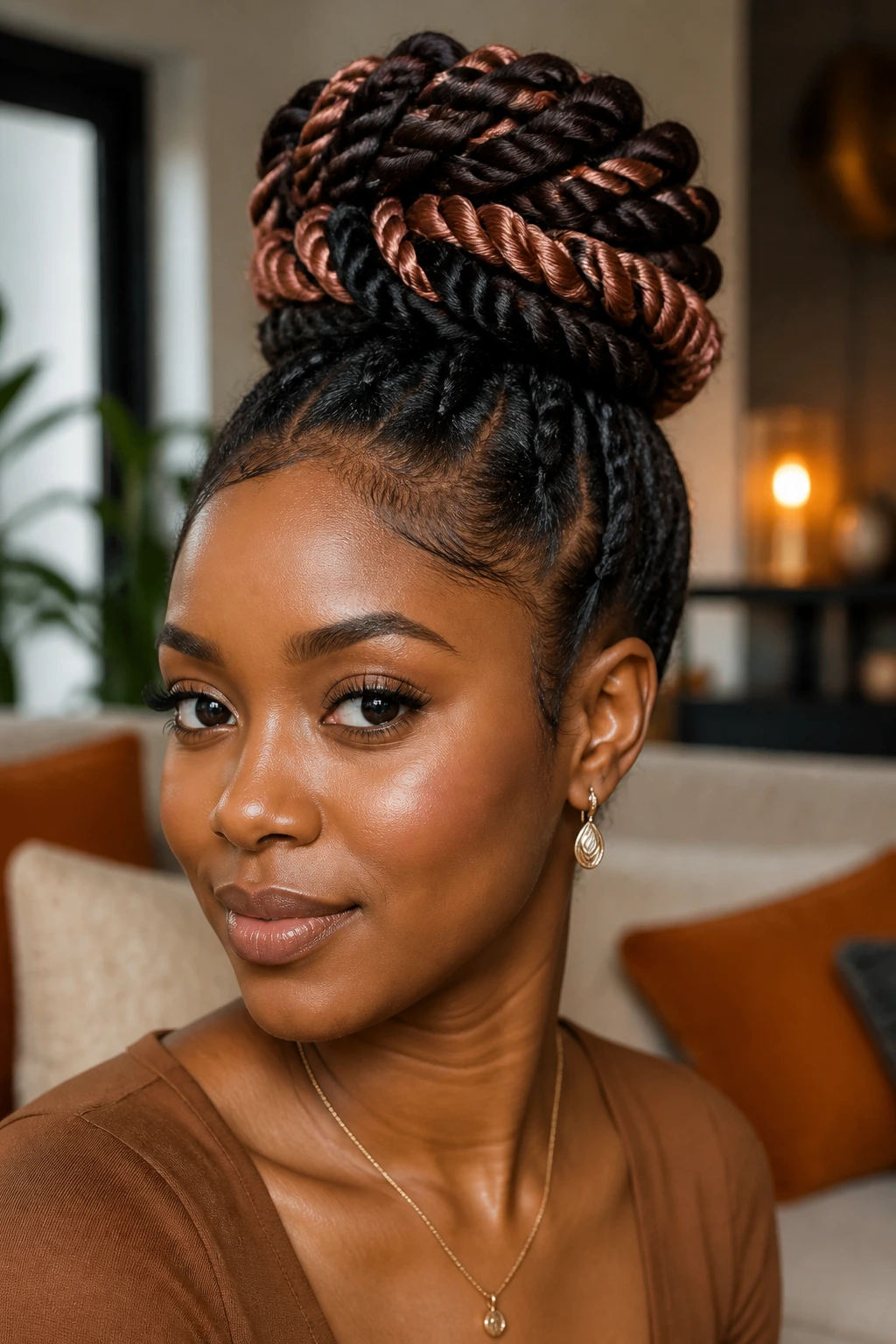 Close-up of a real person with jumbo twist bun and rose-gold tips