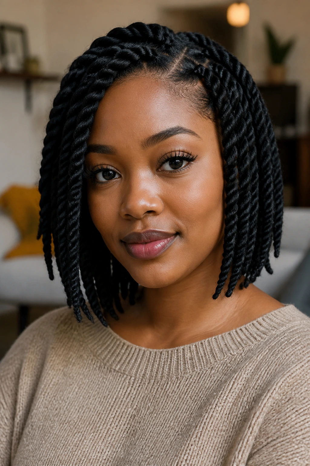 Close-up portrait of a woman with medium-jumbo crochet twists framing the jaw