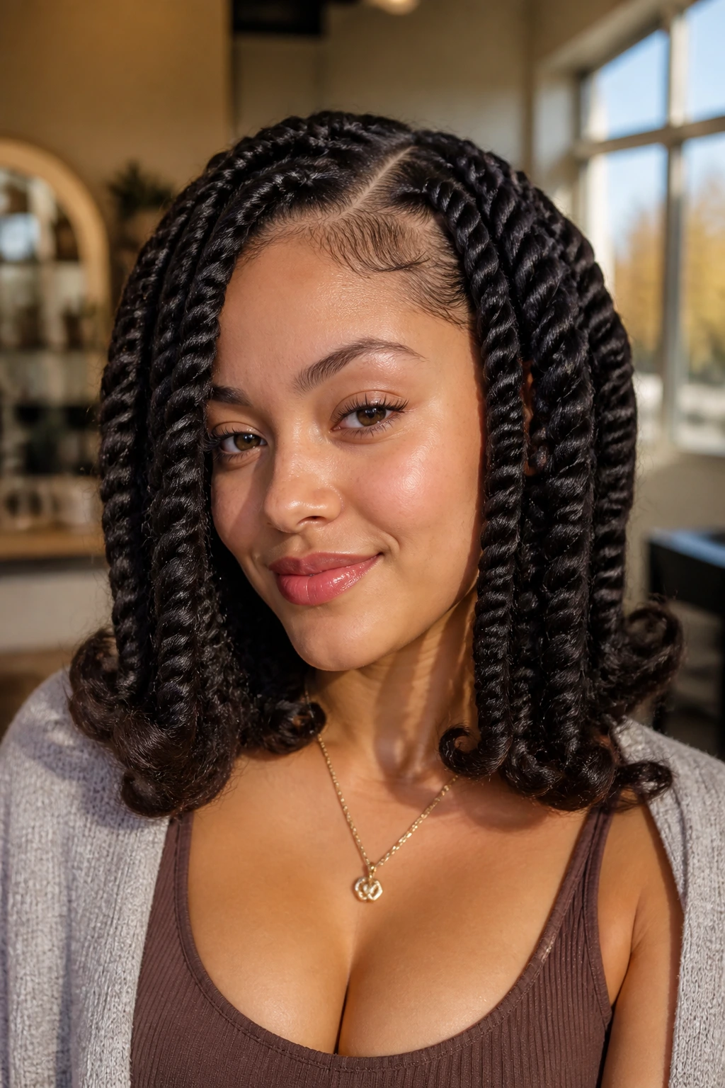 Close-up portrait of a real person with jumbo twists and flipped ends