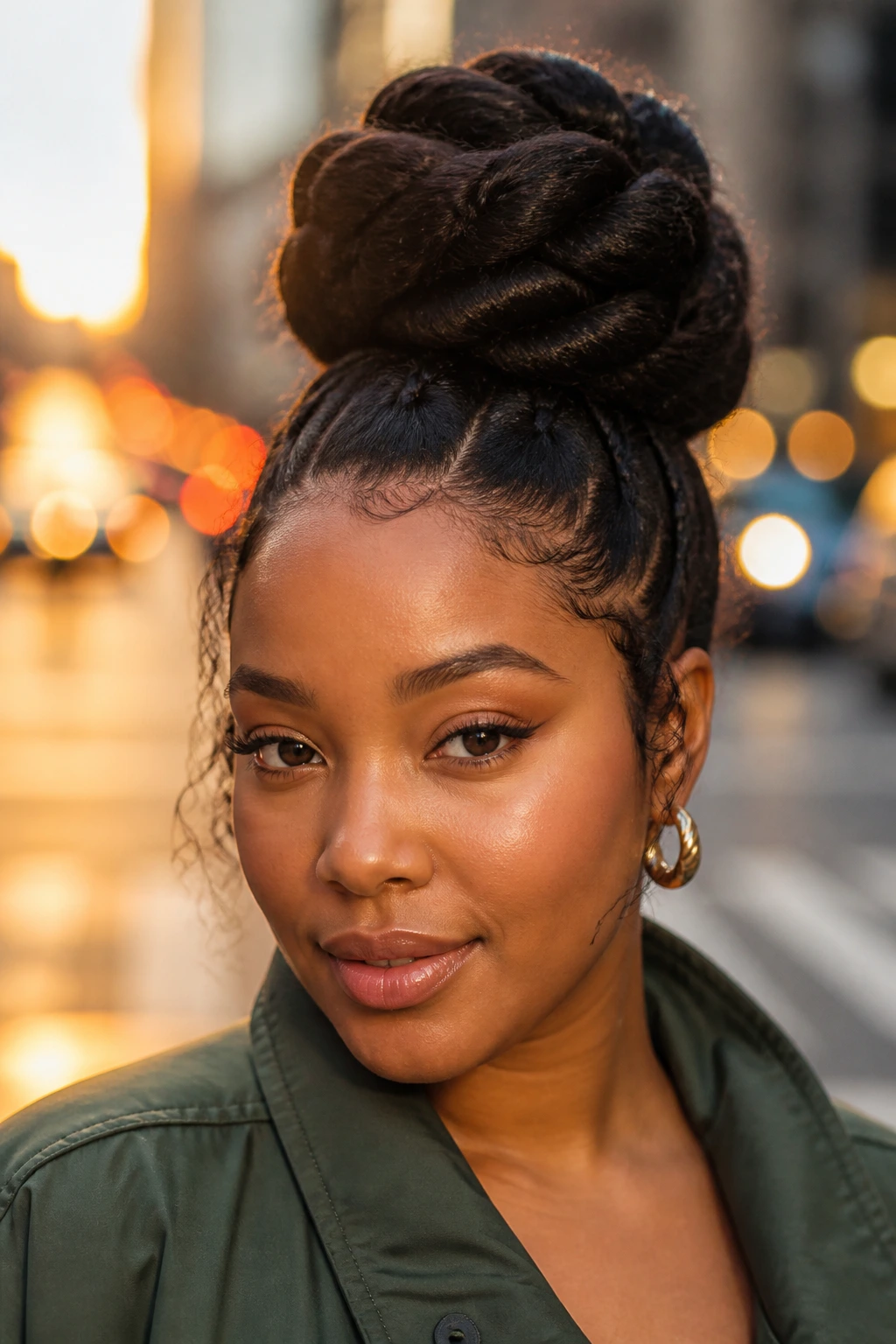 Close-up of a real woman with jumbo two-strand bun