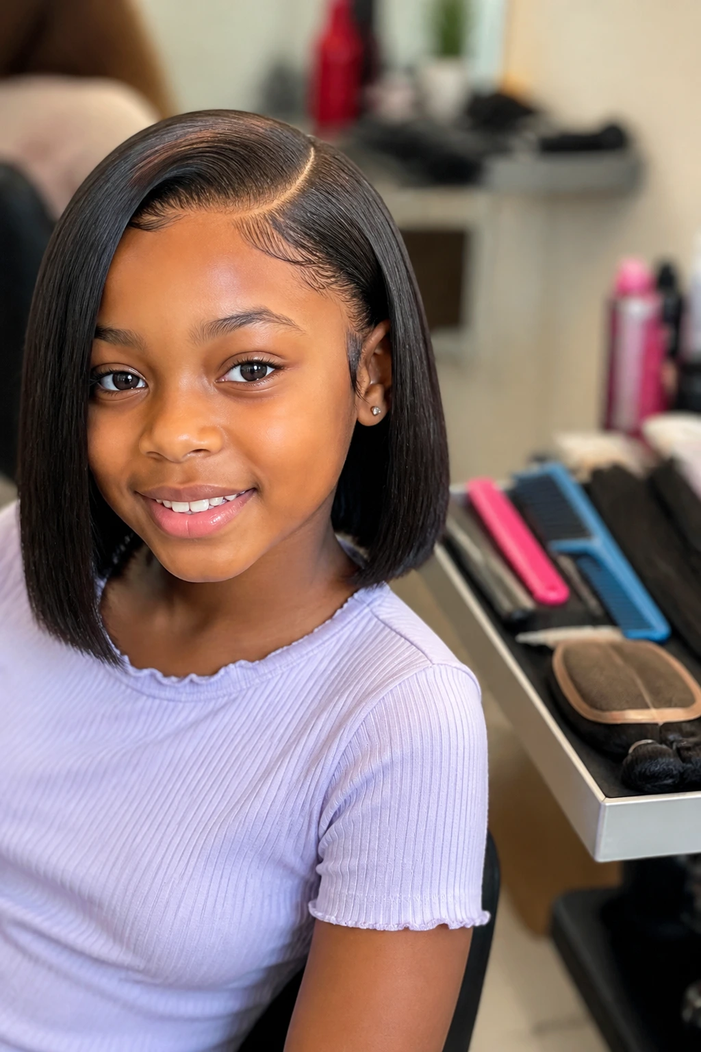 Close-up of real child with bob sew-in in a kid-friendly salon with tools blurred behind