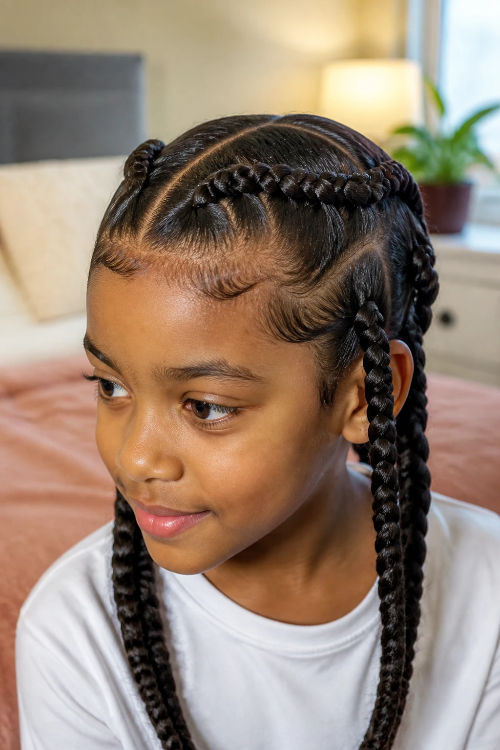 Close-up of a real child with thick hair showing multiple braid variations in a cozy bedroom.