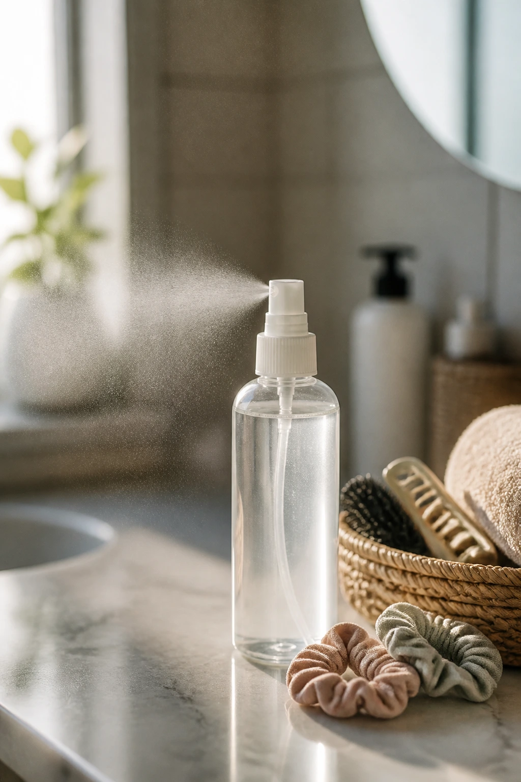 Translucent spray bottle and mist suggesting products for kids' curls