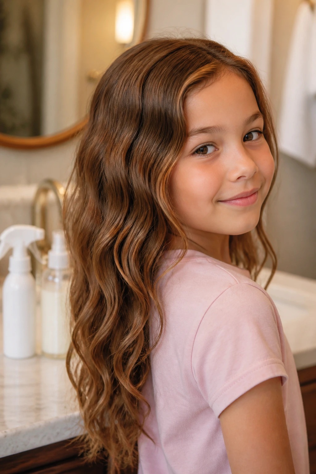 Portrait of a child with wavy hair in bathroom with spray bottle in background