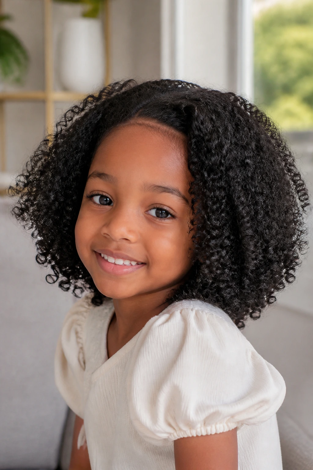 Close-up of a real child with a kinky curly bob displaying full texture.