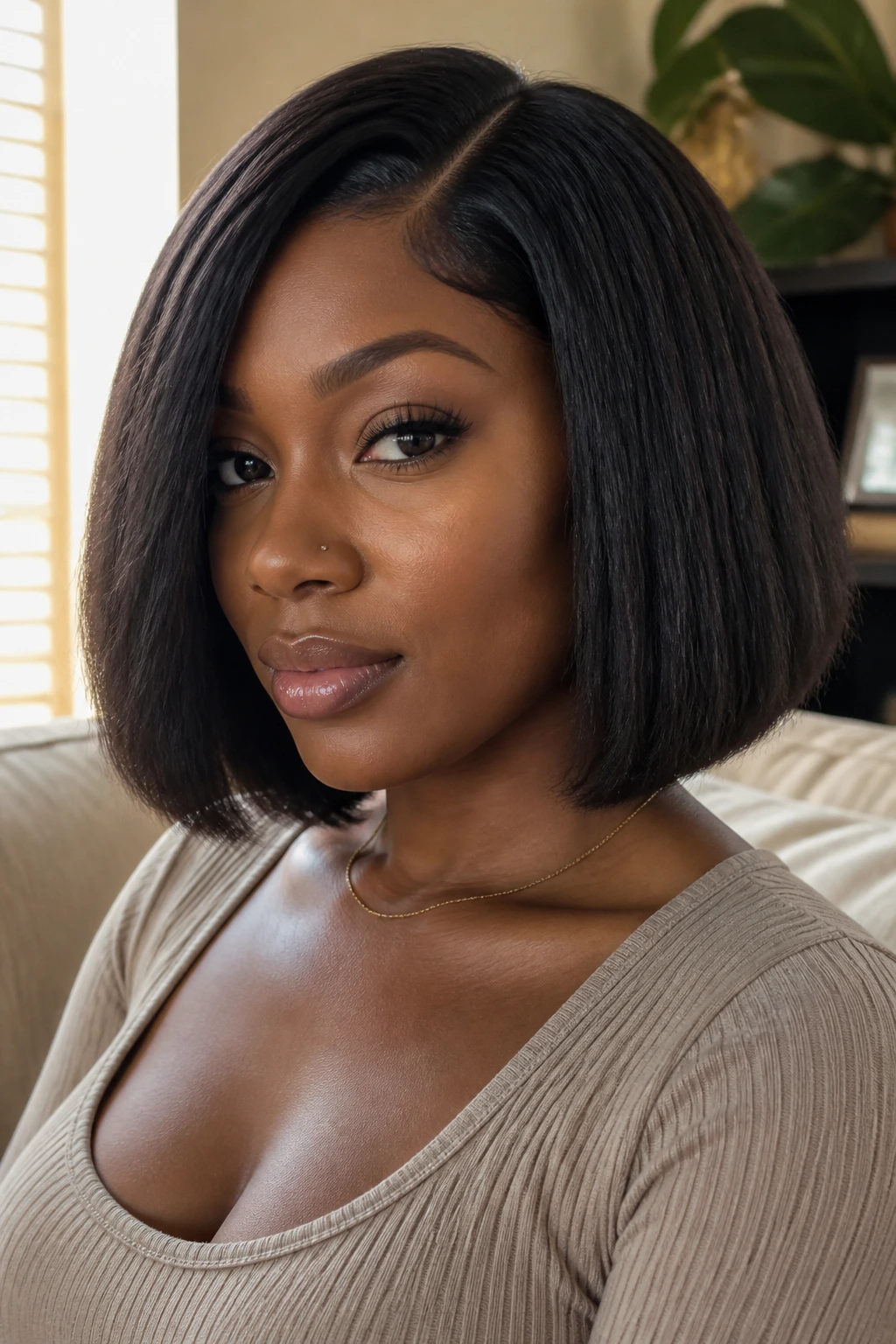 Close-up of real woman with kinky straight crochet bob, jaw-length hem and natural texture