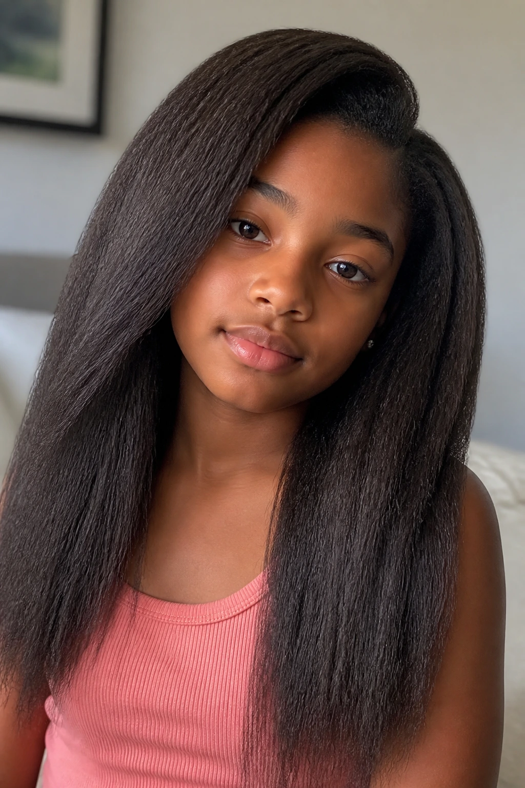 Close-up portrait of a real young girl with a kinky-straight blowout weave and side part