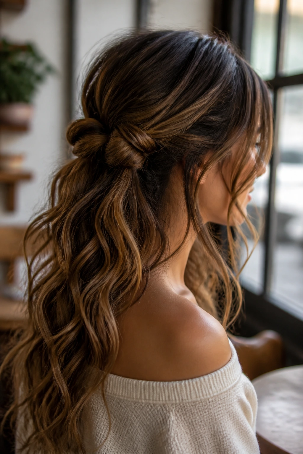 Real woman with a knot-and-pin half-up hairstyle at the back.