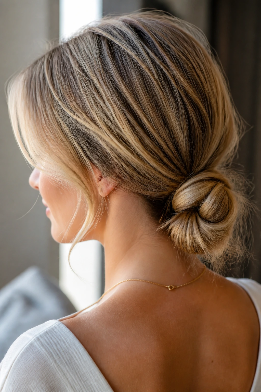 Close-up of a woman showing a small messy knot bun at the nape