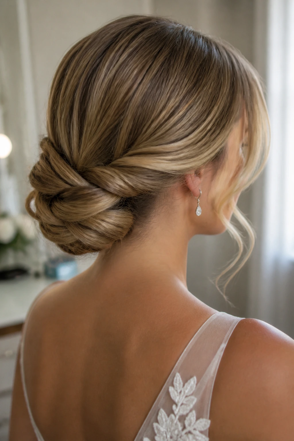 Rear three-quarter view of knot-over-knot bun with hidden pins on a real bride
