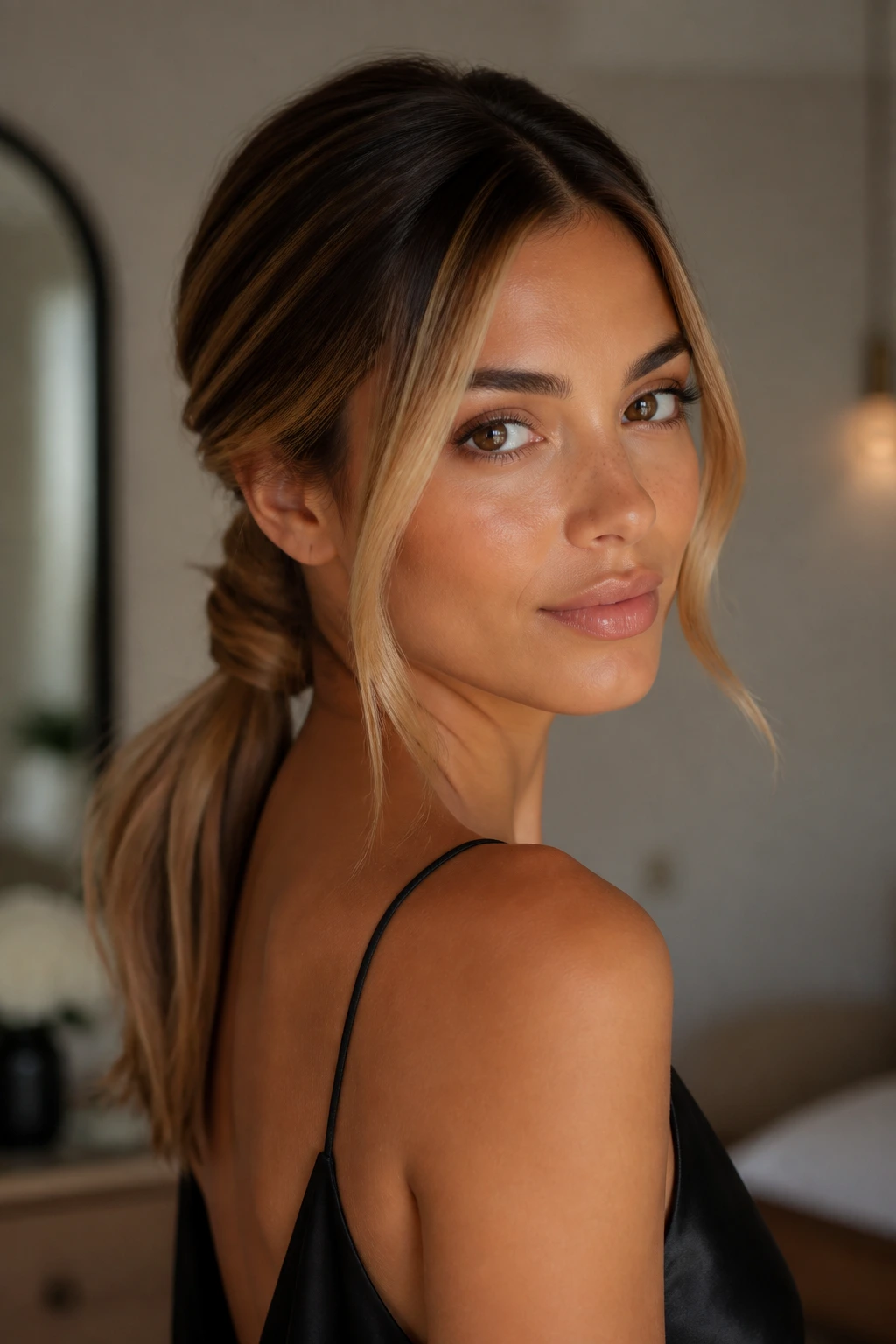 Close-up of a woman with a soft knot-wrapped low ponytail and loose front pieces