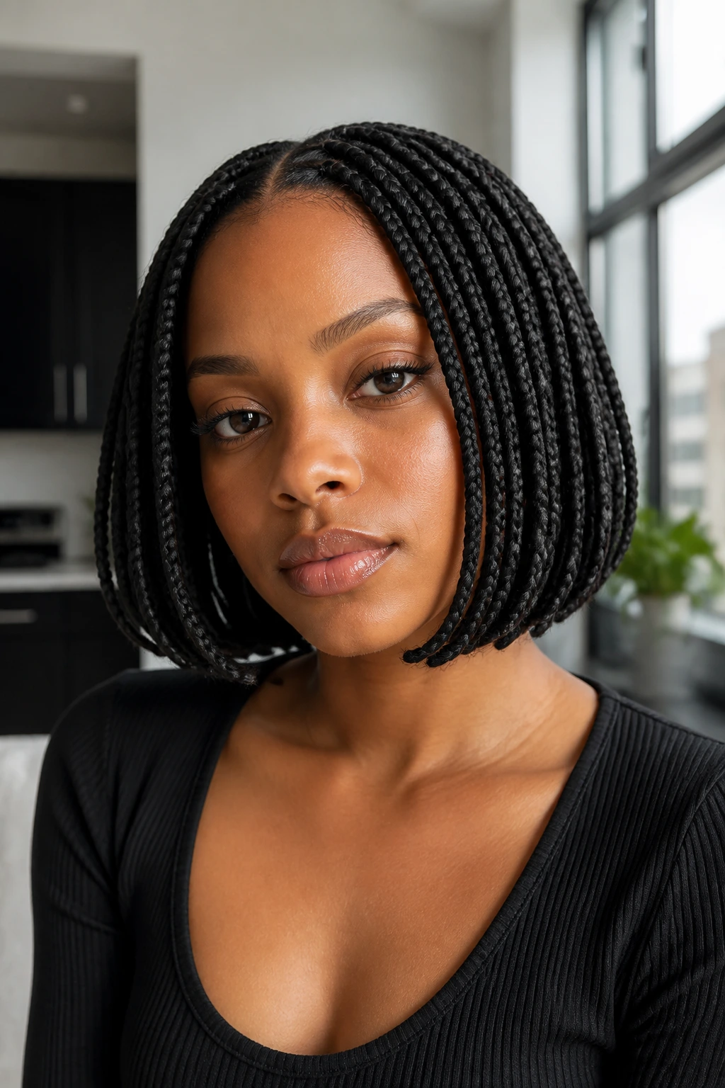 Close-up portrait of a real person with a chin-length knotless bob