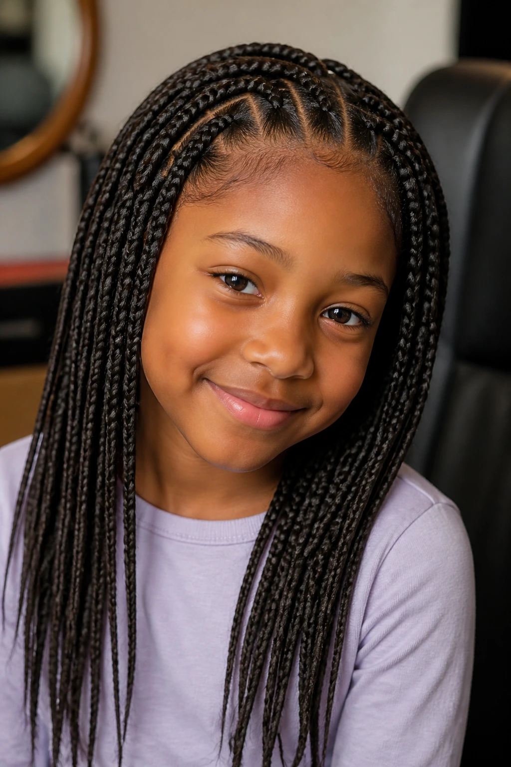 Close-up of a child with knotless box braids and tucked ends