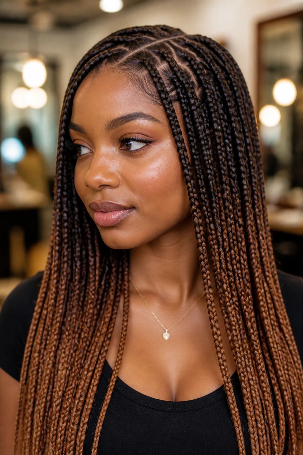 Close-up of knotless box braids with caramel ombré on a real person.
