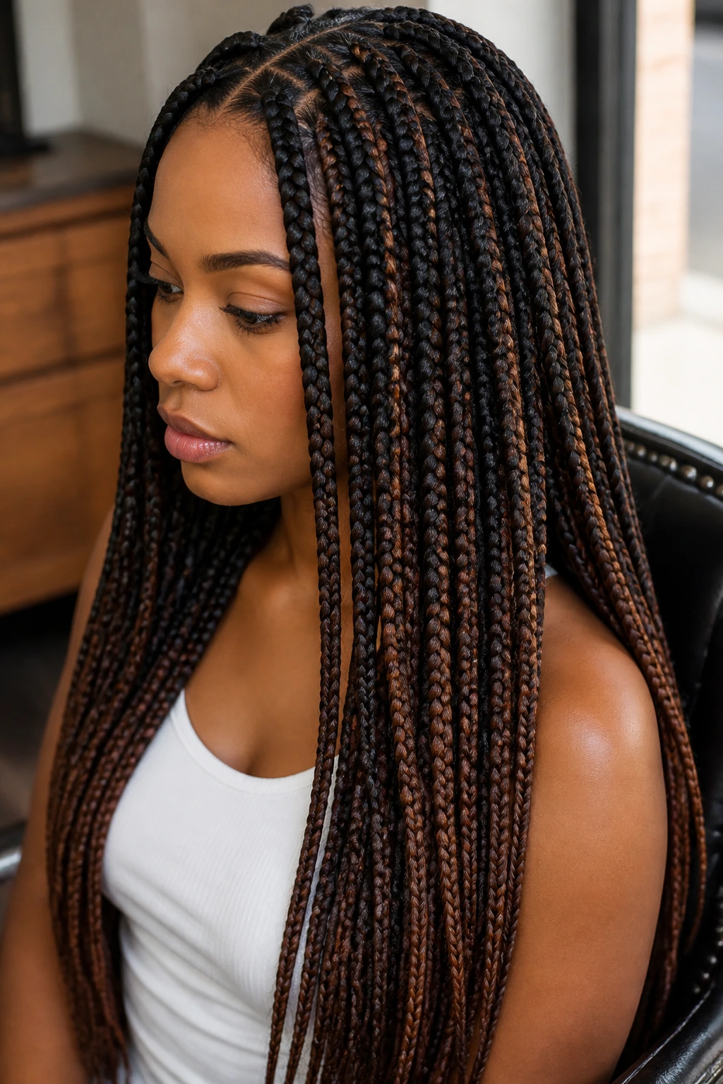 Close-up knotless box braids chestnut lowlights