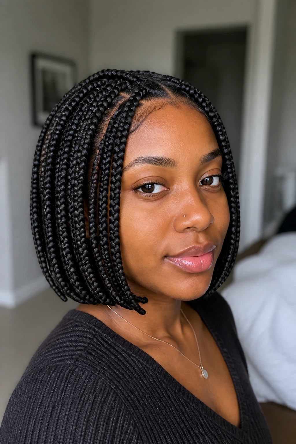 Close-up of chin-length knotless box braids on a real person.