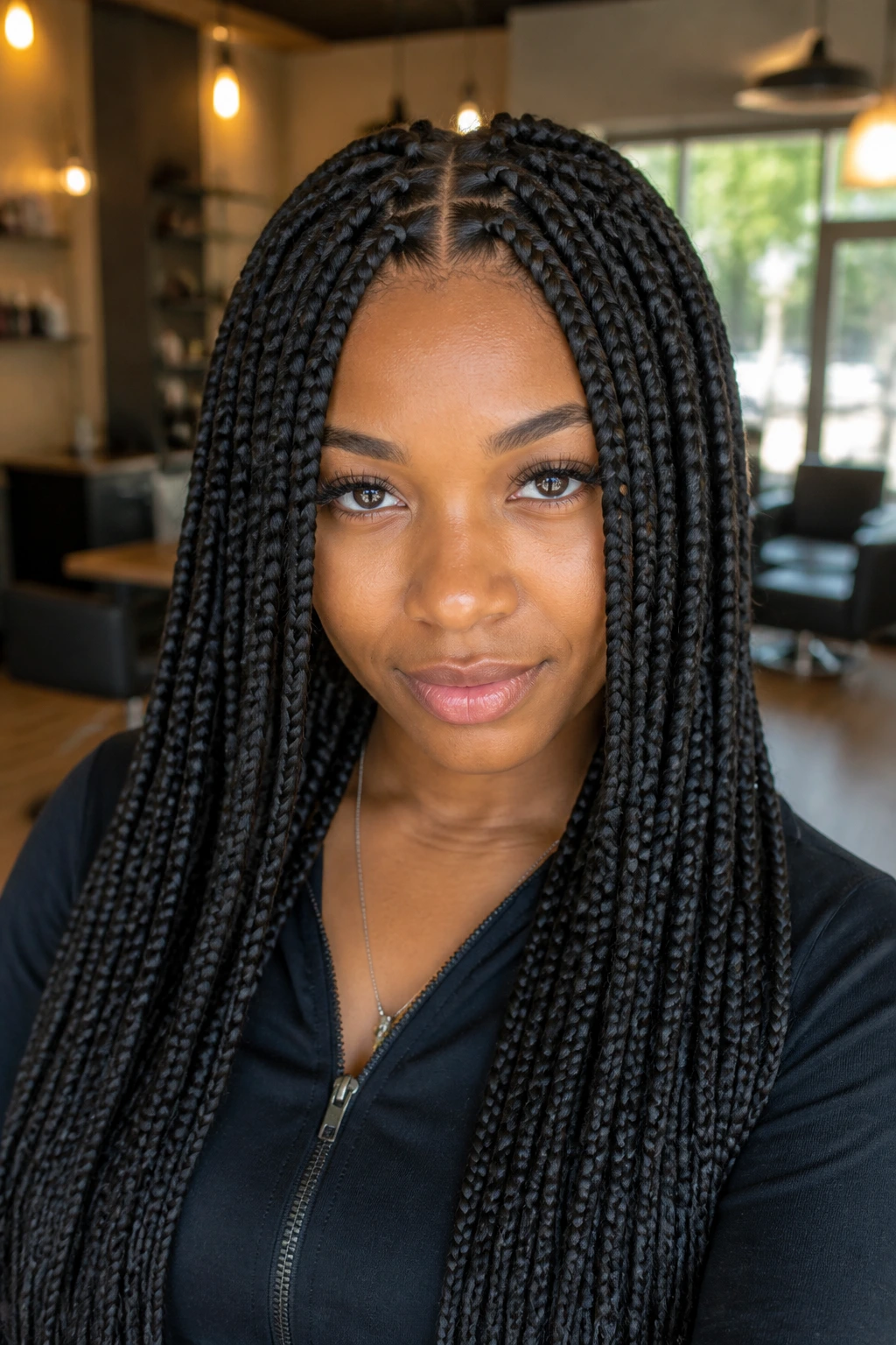 Close-up of real person with knotless box braids in a salon