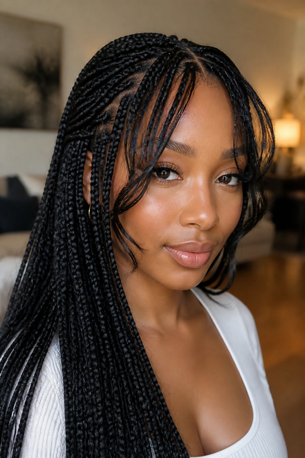 Close-up of a real woman with knotless box braids and curtain bangs