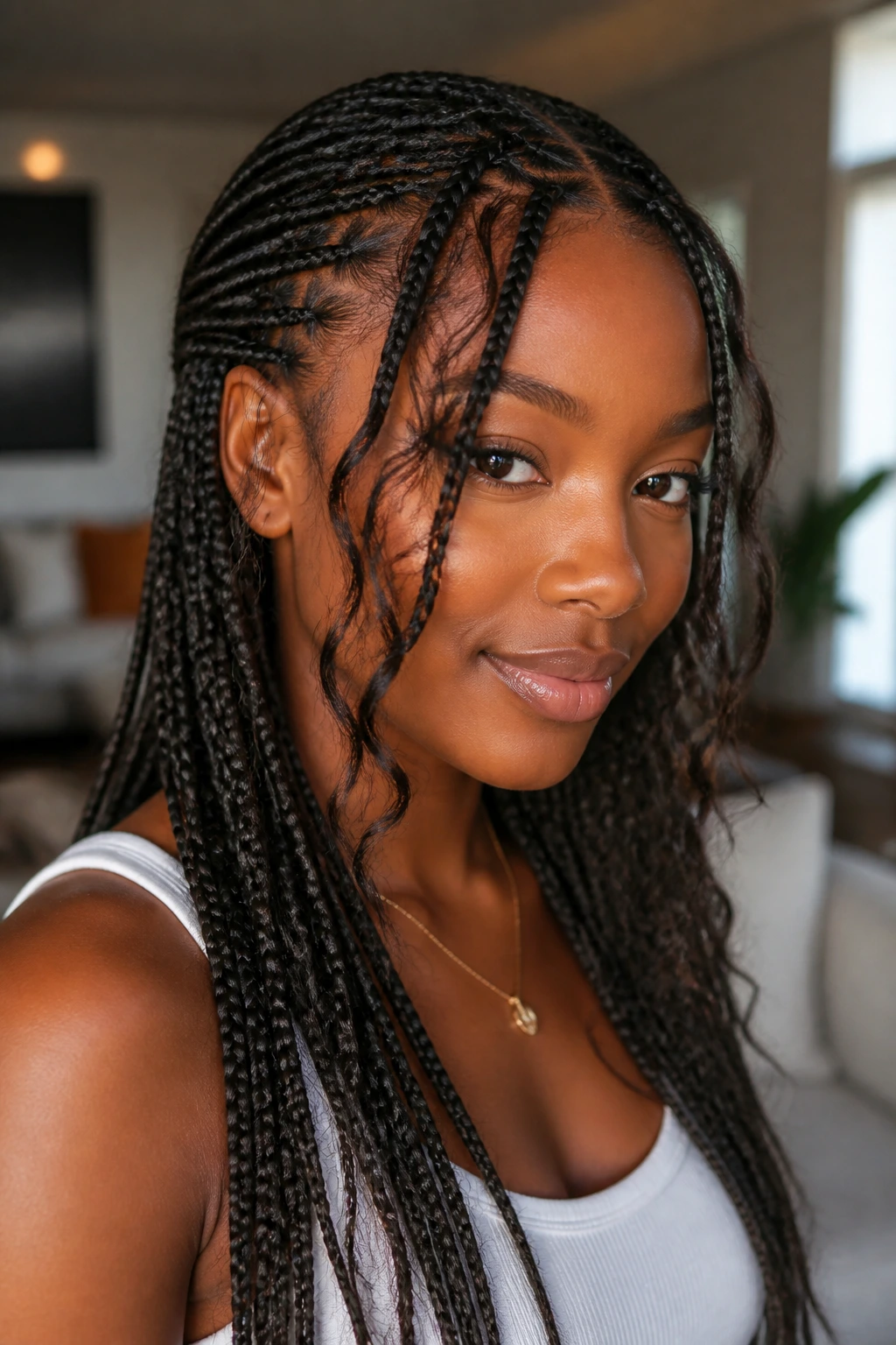 Close-up of a real woman with knotless box braids and soft curtain pieces framing her face
