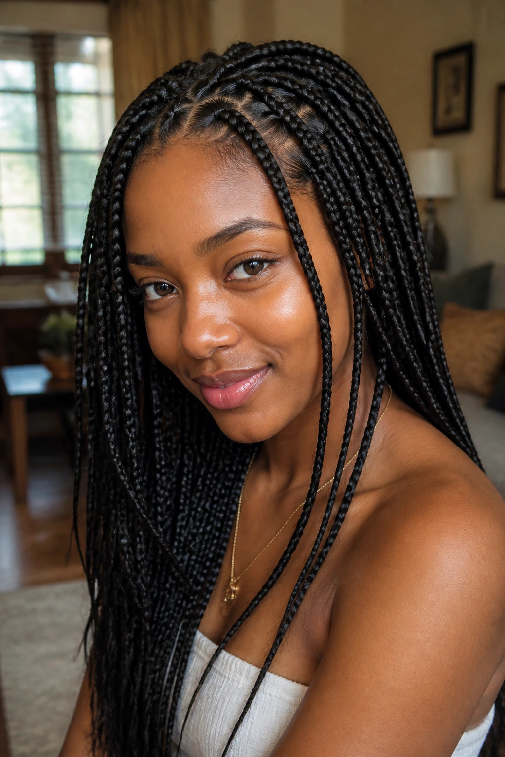 Close-up of knotless box braids on a real person with smooth scalp exposure