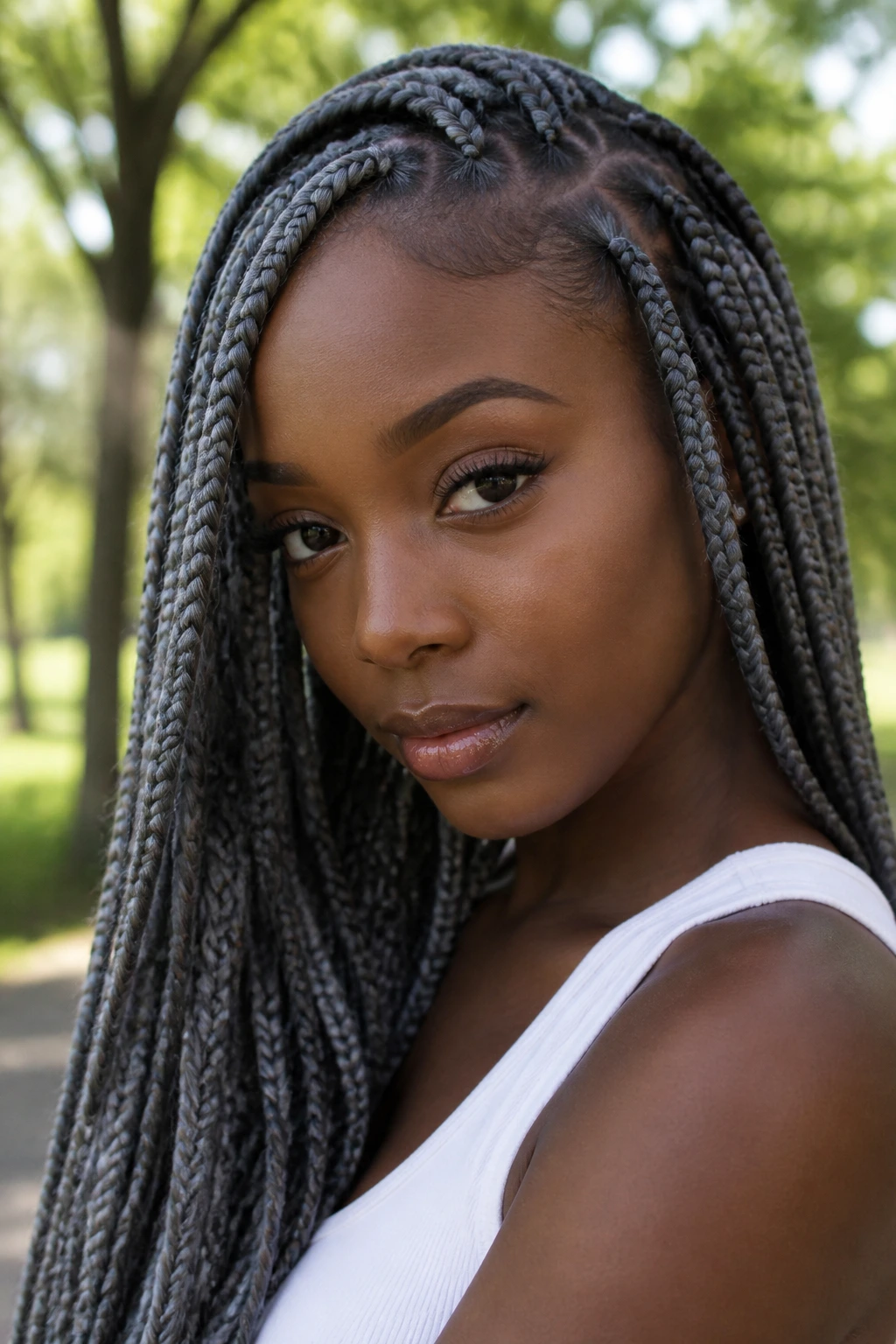 Real person with knotless box braids in smoky gray, close-up portrait.