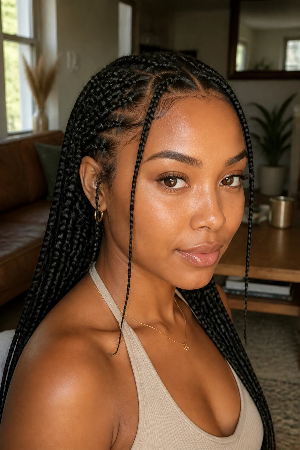 Close-up of knotless box braids with soft temple pieces on a real woman