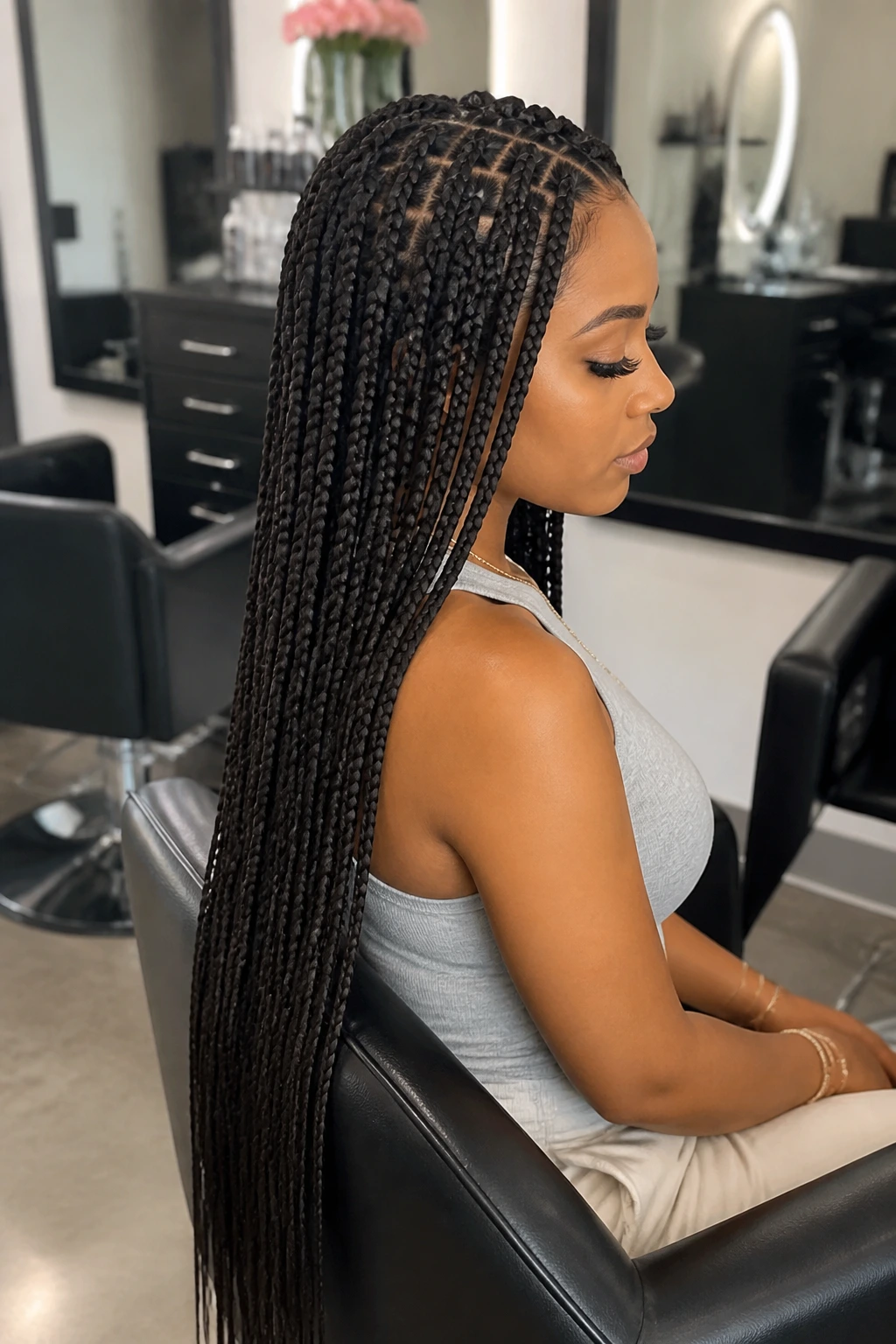 Profile shot of a woman with waist-length knotless box braids in a salon
