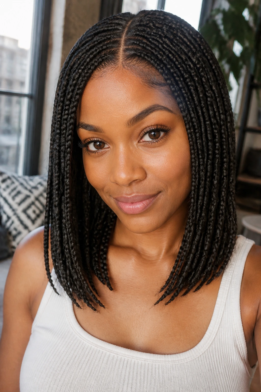 Close-up portrait of a real woman wearing a knotless box braid wig with a center part.