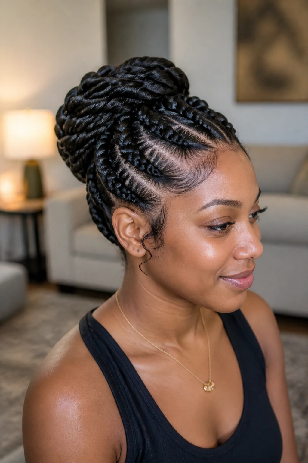 Close-up portrait of a real woman with a knotless French braid bun and extensions