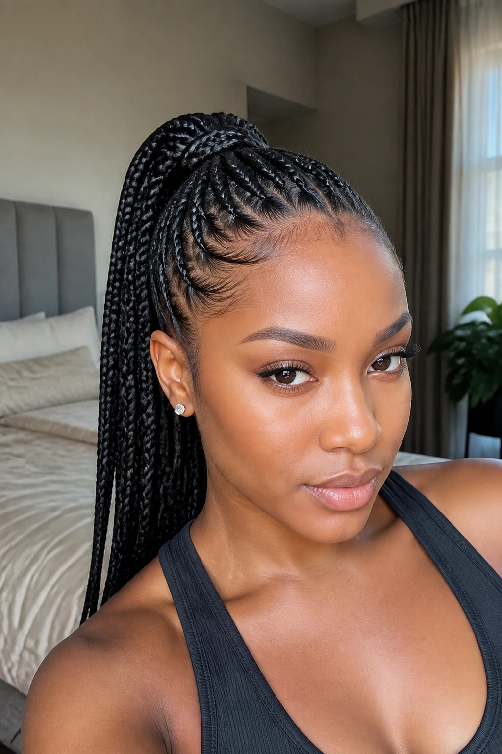 Close-up of a real woman with knotless braids into a sleek ponytail