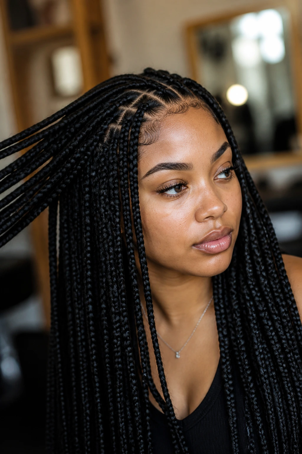Close-up of knotless box braids on a real woman